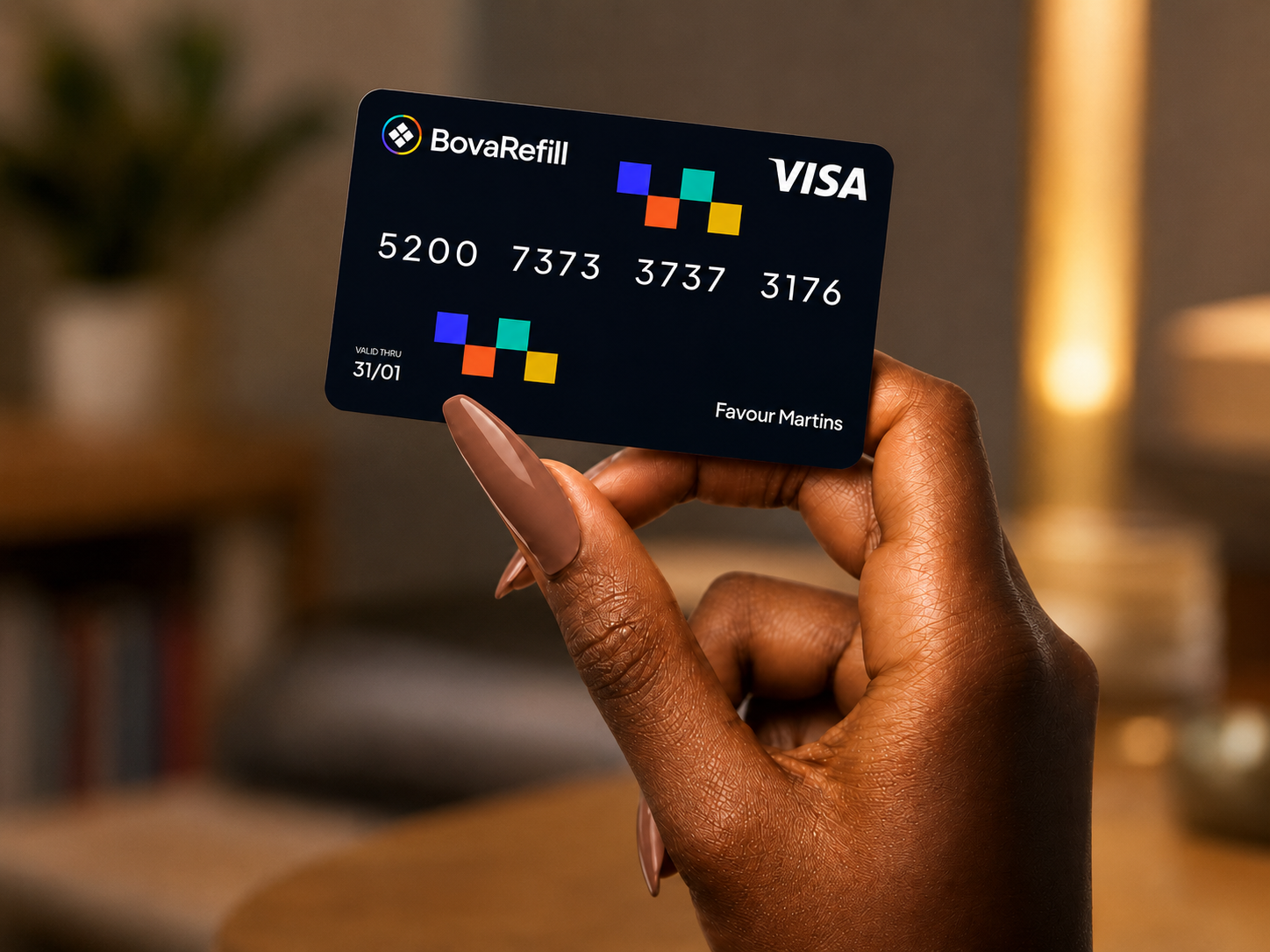 Hand holding a BovaRefill virtual card